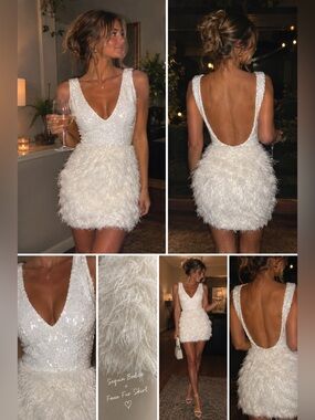 White Sequined Bodice Faux Fur Mini Holiday Party Dress New Years Christmas